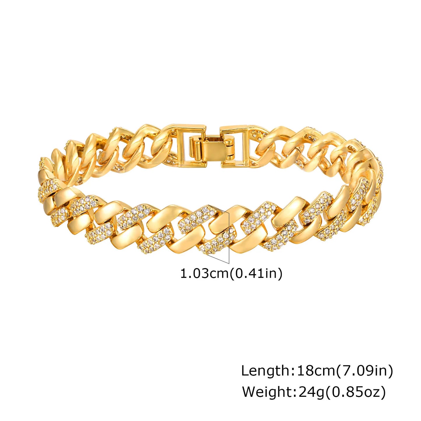 18Kt Gold-Plated- Chunky Cubic Zirconia Link Bracelets Watch Strap Design, Stackable Jewelry