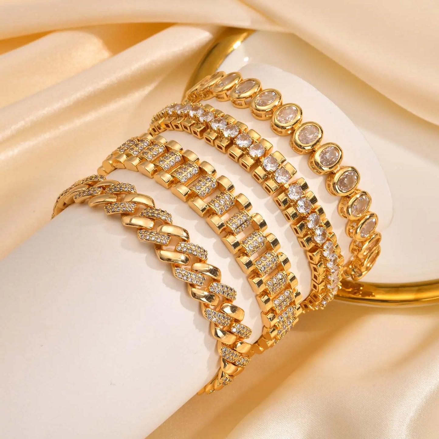 18Kt Gold-Plated- Chunky Cubic Zirconia Link Bracelets Watch Strap Design, Stackable Jewelry