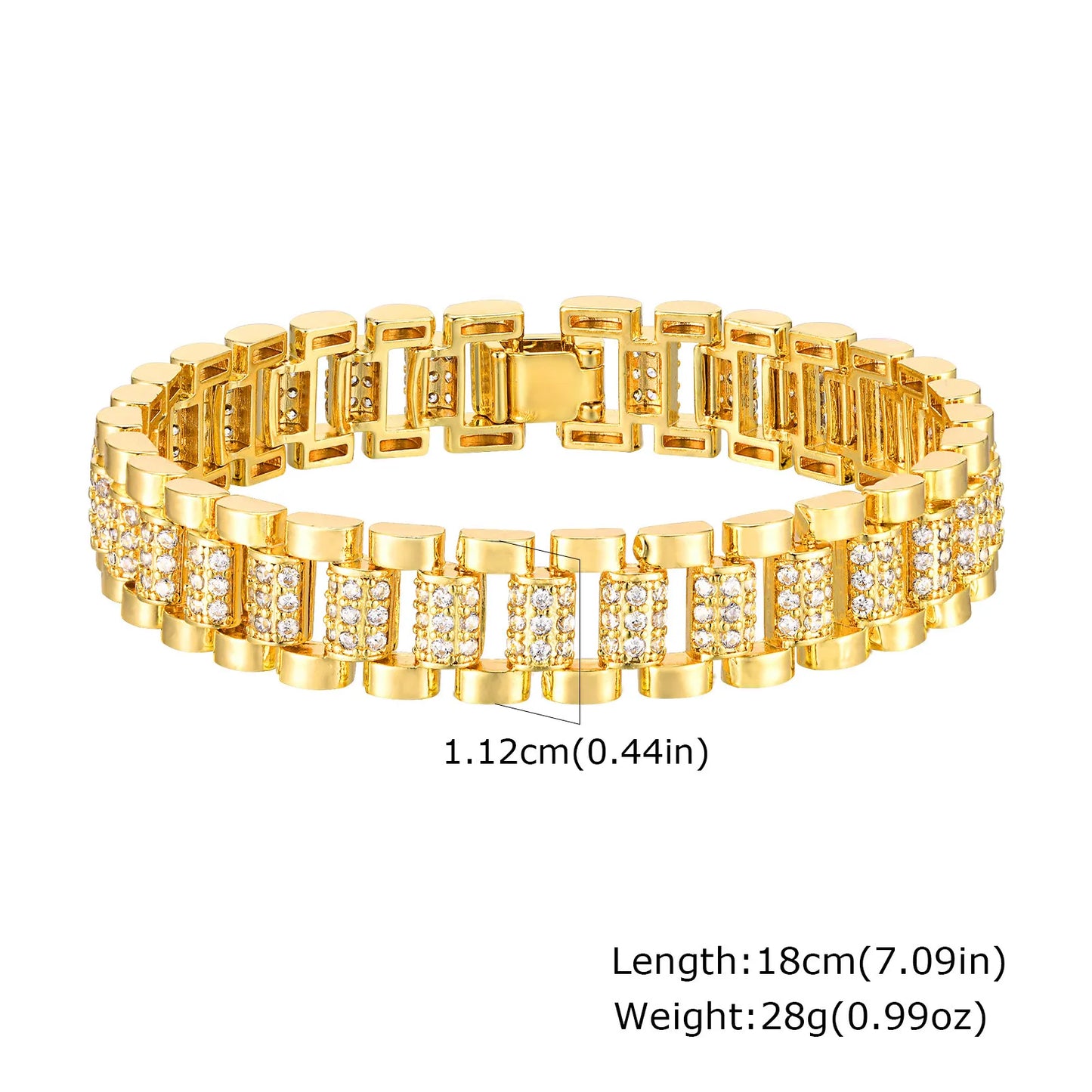 18Kt Gold-Plated- Chunky Cubic Zirconia Link Bracelets Watch Strap Design, Stackable Jewelry