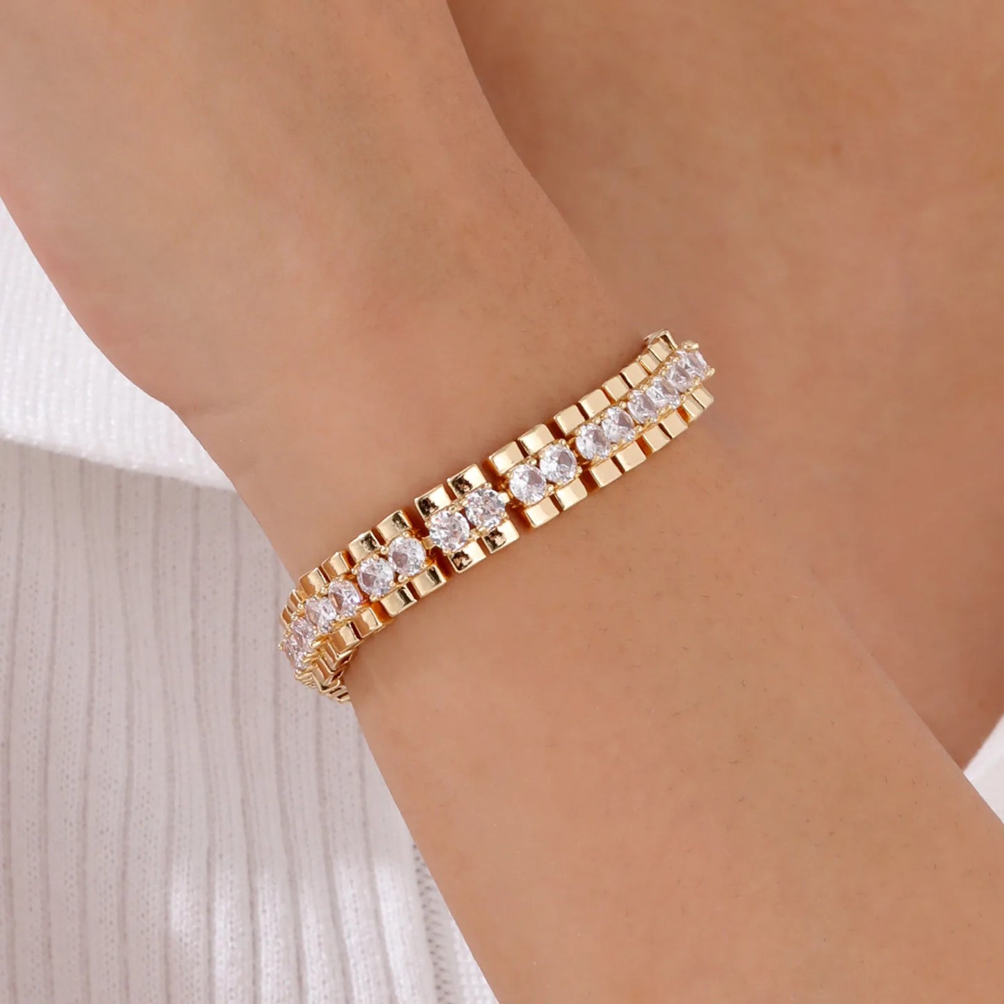 18Kt Gold-Plated- Chunky Cubic Zirconia Link Bracelets Watch Strap Design, Stackable Jewelry