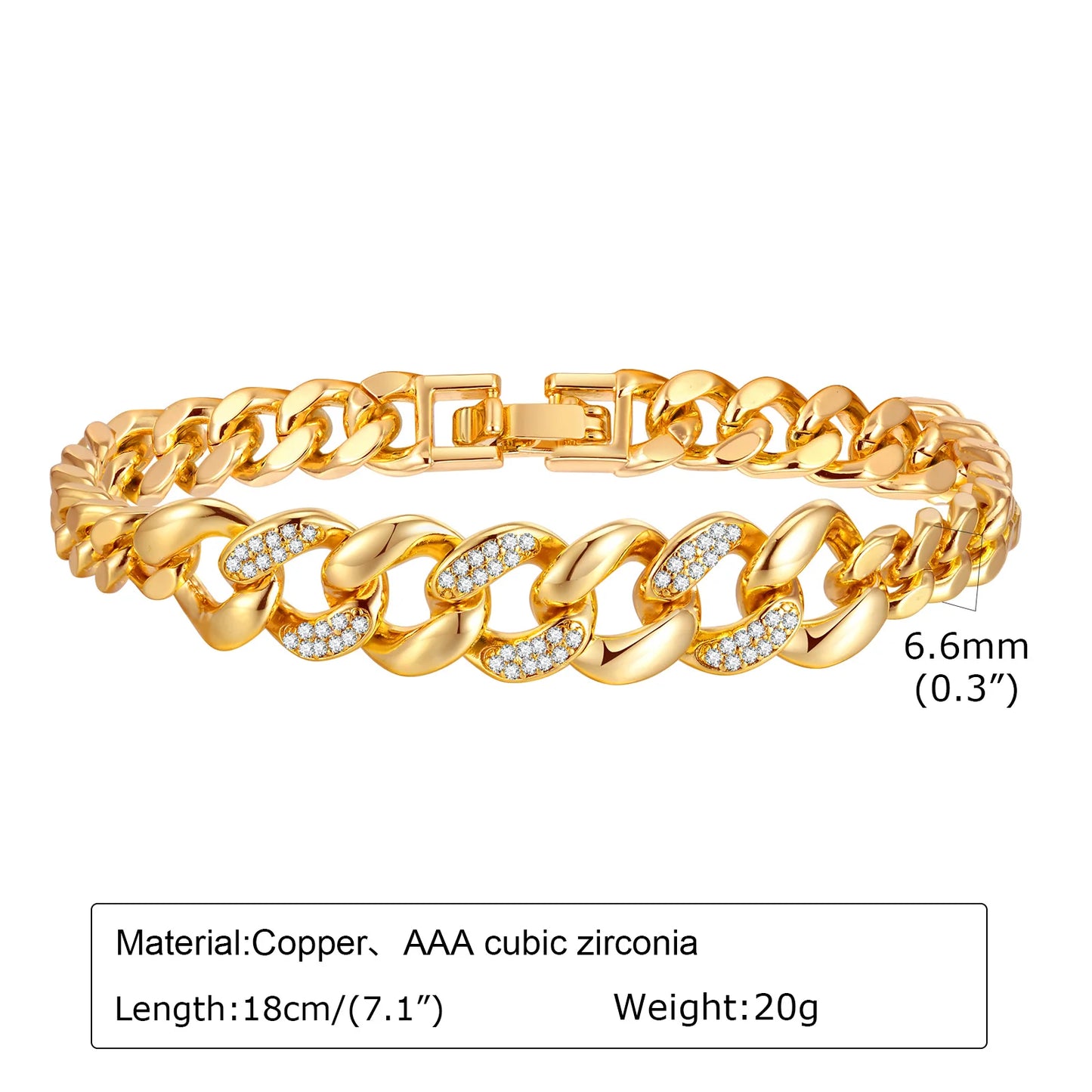 18Kt Gold-Plated- Chunky Cubic Zirconia Link Bracelets Watch Strap Design, Stackable Jewelry