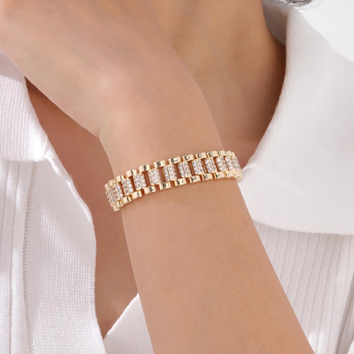 18Kt Gold-Plated- Chunky Cubic Zirconia Link Bracelets Watch Strap Design, Stackable Jewelry