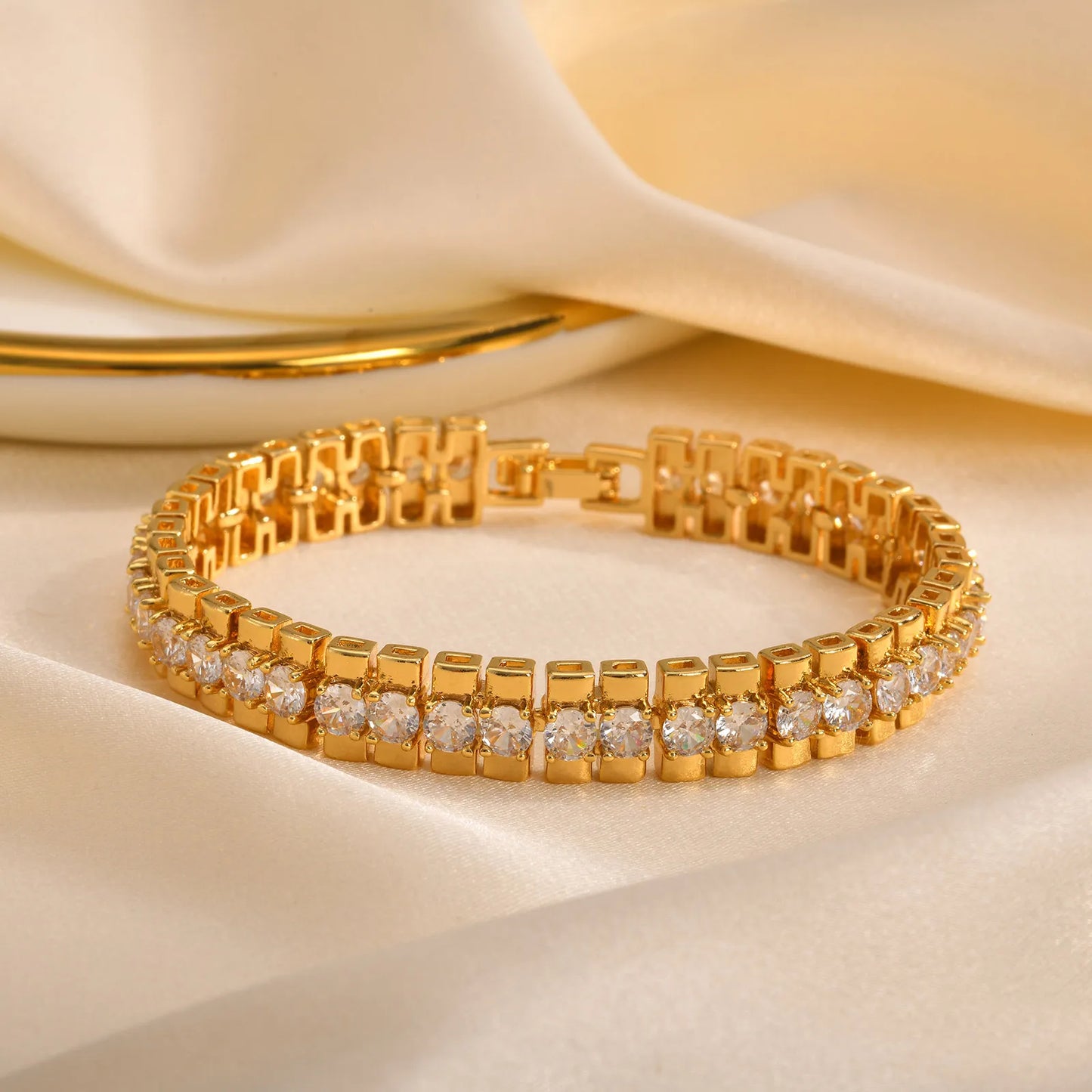 18Kt Gold-Plated- Chunky Cubic Zirconia Link Bracelets Watch Strap Design, Stackable Jewelry