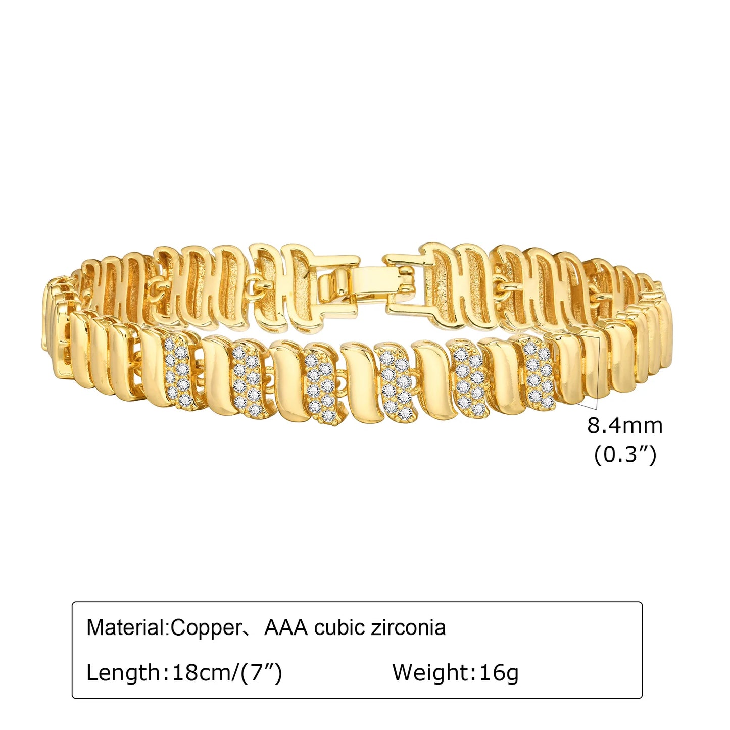 18Kt Gold-Plated- Chunky Cubic Zirconia Link Bracelets Watch Strap Design, Stackable Jewelry