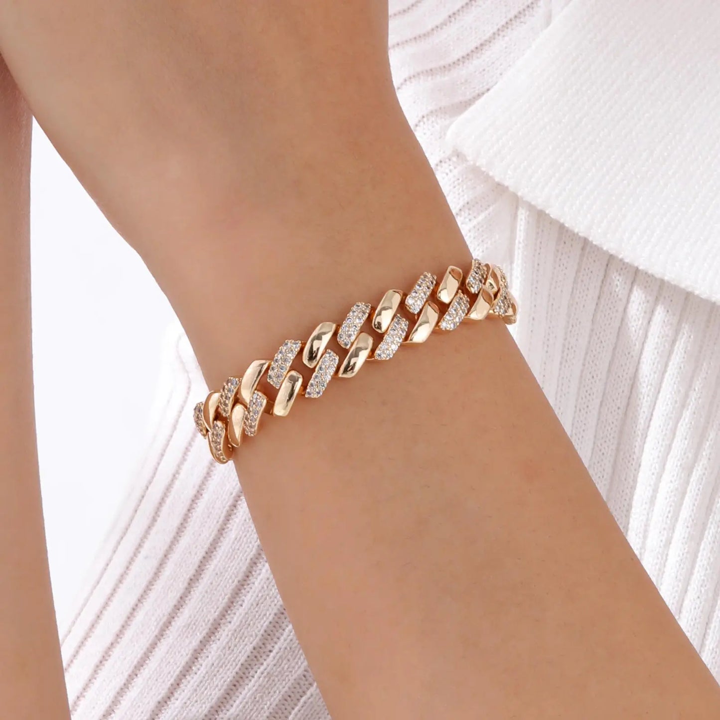 18Kt Gold-Plated- Chunky Cubic Zirconia Link Bracelets Watch Strap Design, Stackable Jewelry