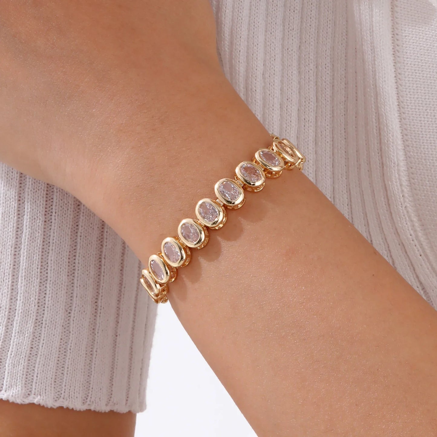 18Kt Gold-Plated- Chunky Cubic Zirconia Link Bracelets Watch Strap Design, Stackable Jewelry