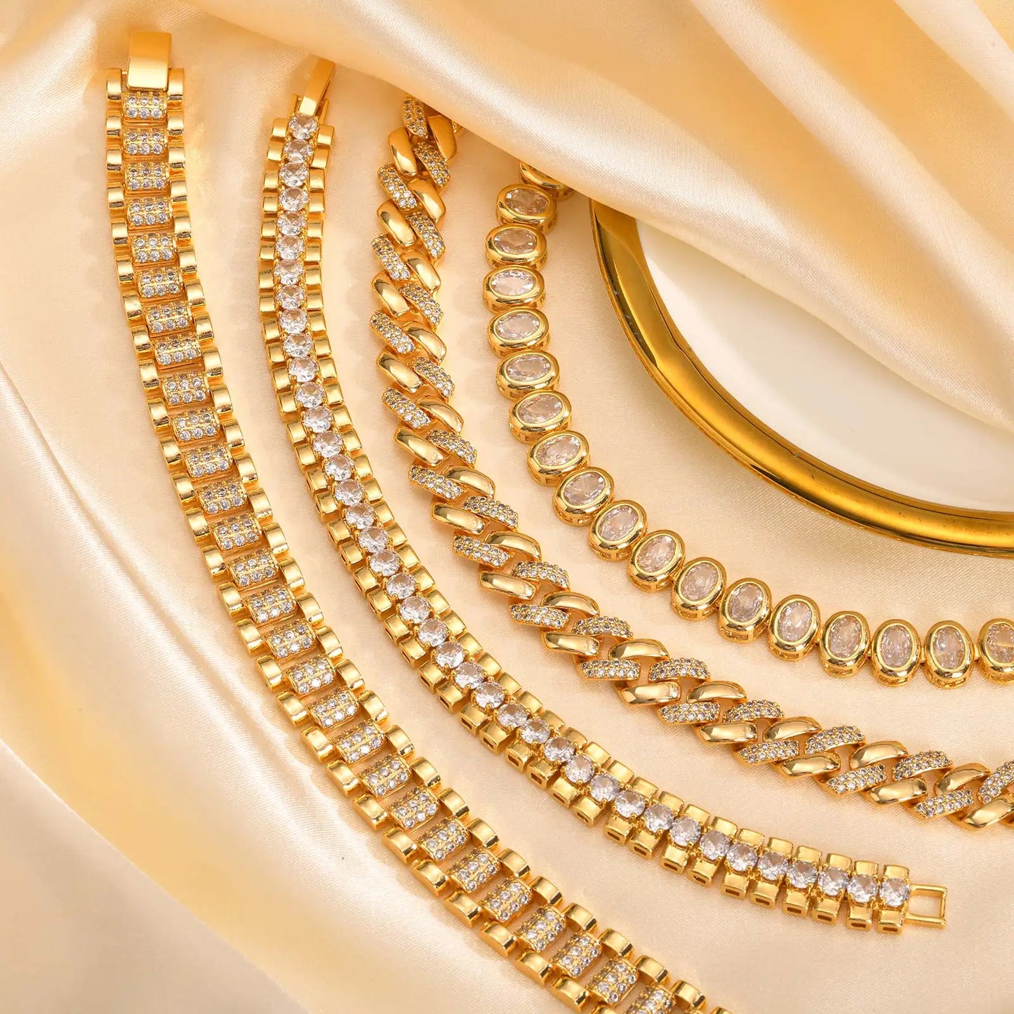 18Kt Gold-Plated- Chunky Cubic Zirconia Link Bracelets Watch Strap Design, Stackable Jewelry