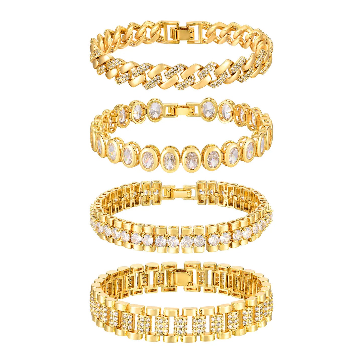 18Kt Gold-Plated- Chunky Cubic Zirconia Link Bracelets Watch Strap Design, Stackable Jewelry